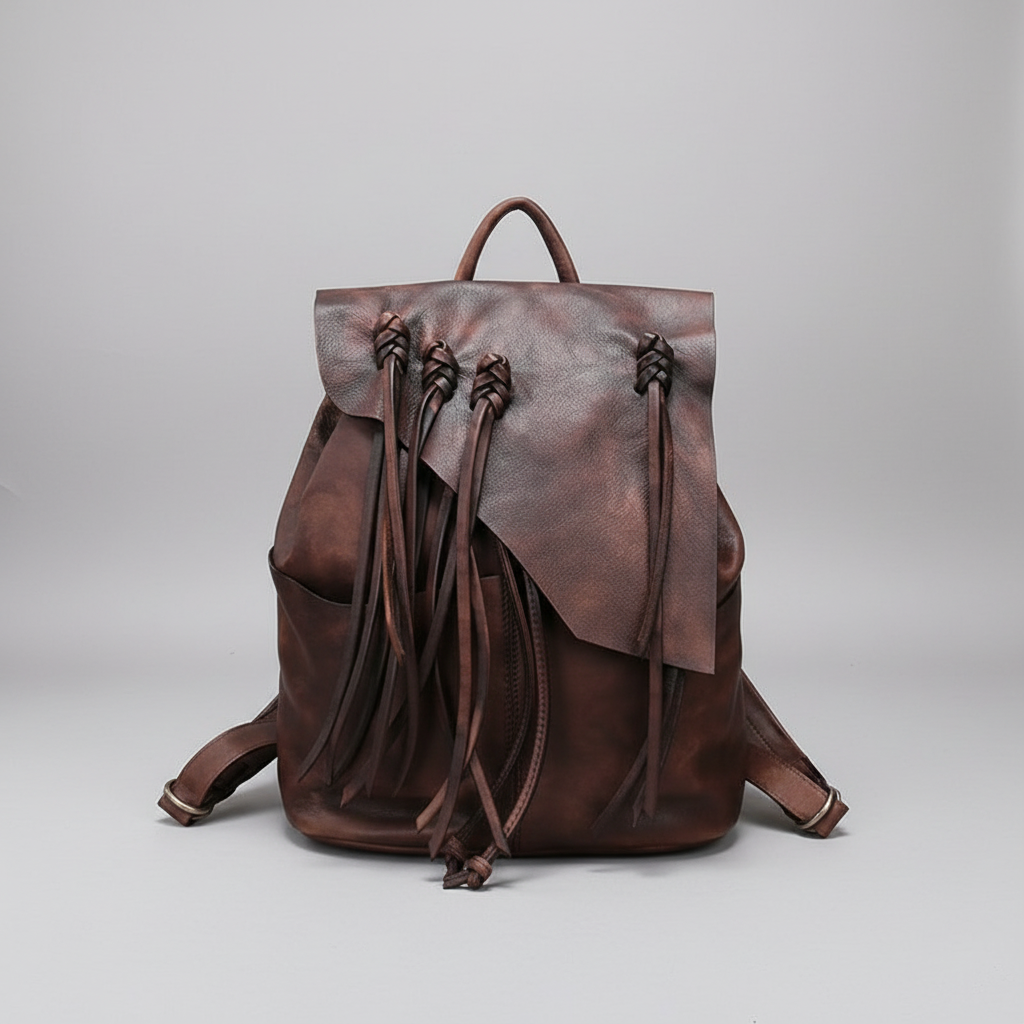 13" Medium Ladies Brown Leather Fringe Backpack Purse Cool Book Bags for Women