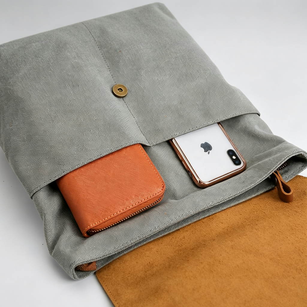 A gray canvas laptop sleeve or pouch with a brown leather zip pocket containing a white smartphone, shown on a clean white background.