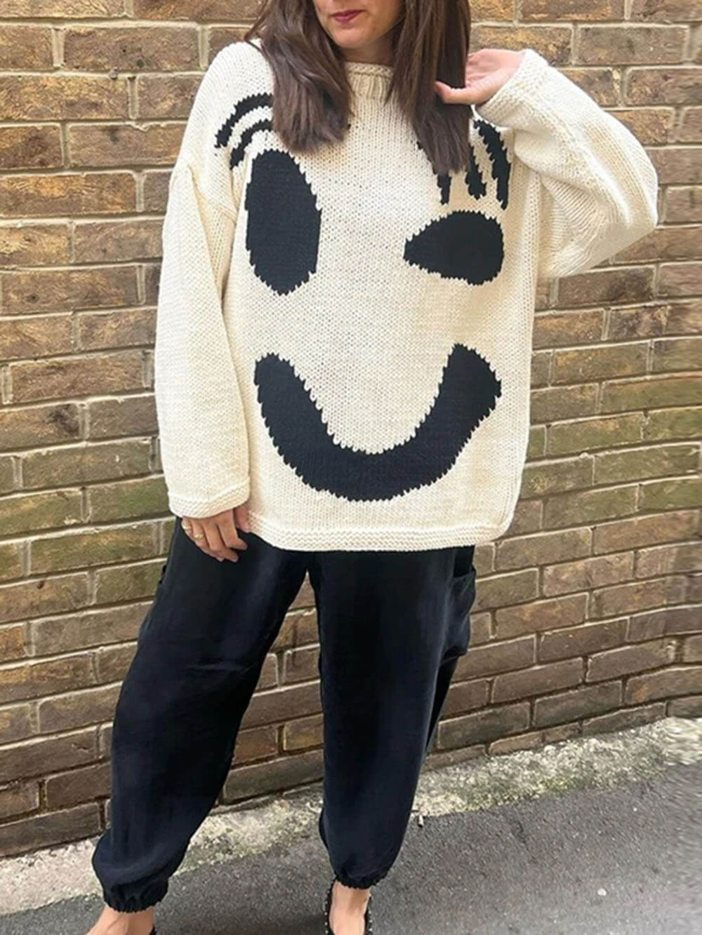 Feel Good Knit Colorful Smiley Face Loose Pullover Sweater