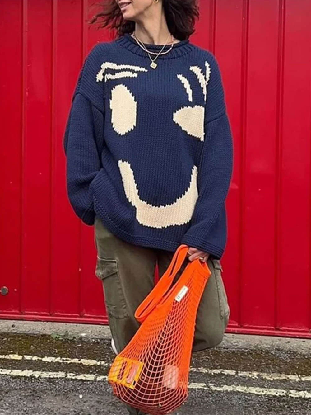 Feel Good Knit Colorful Smiley Face Loose Pullover Sweater