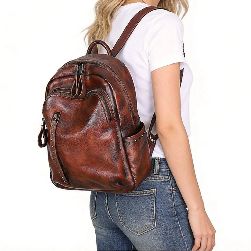 Distressed Coffee Studded Full Grain Leather Backpack