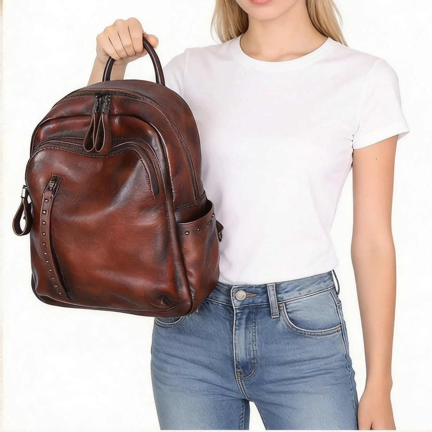 Distressed Coffee Studded Full Grain Leather Backpack