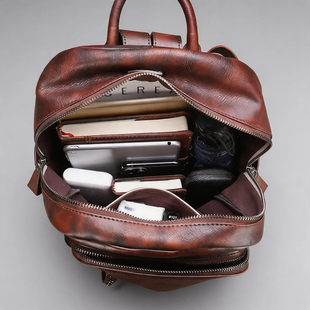 Distressed Coffee Studded Full Grain Leather Backpack