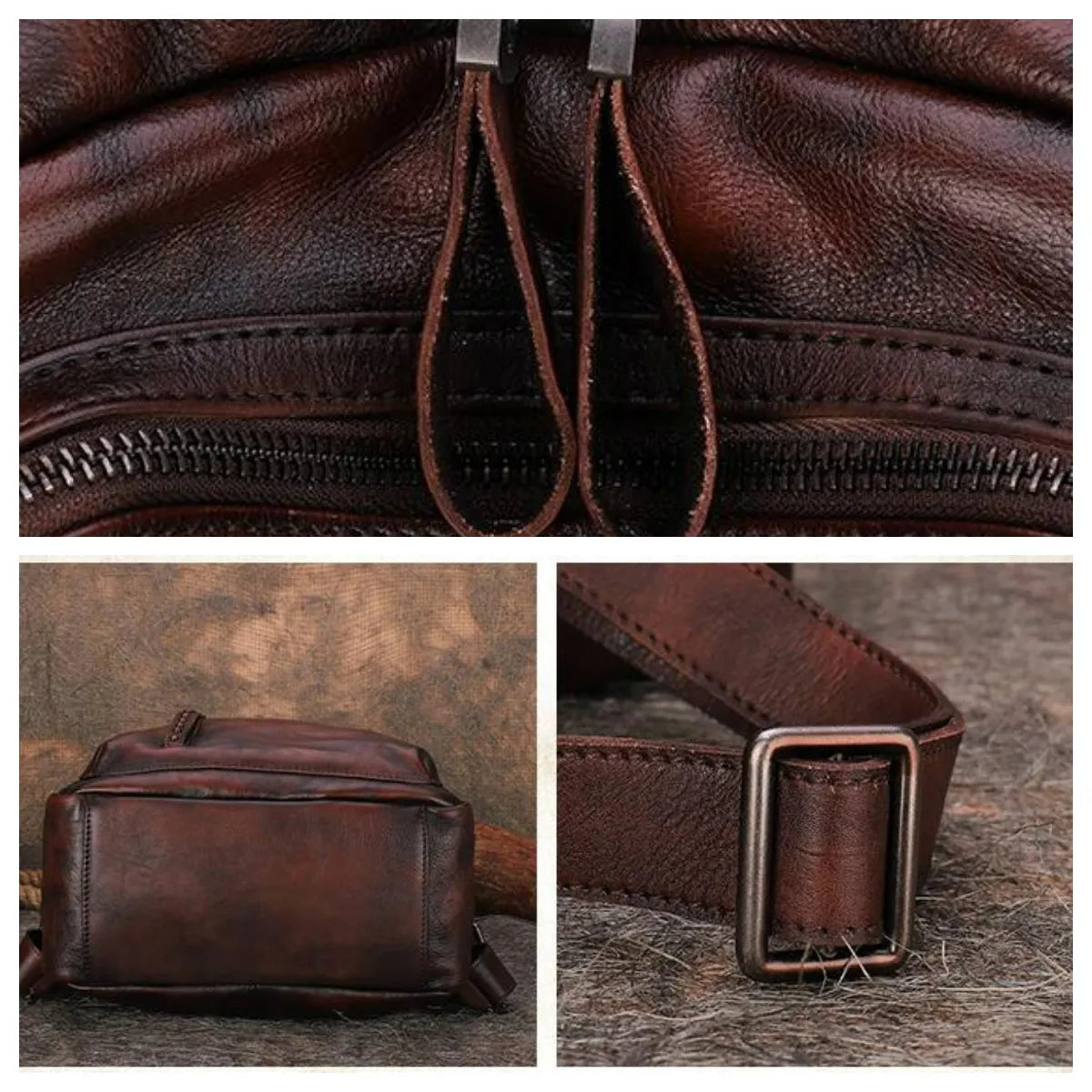 Distressed Coffee Studded Full Grain Leather Backpack