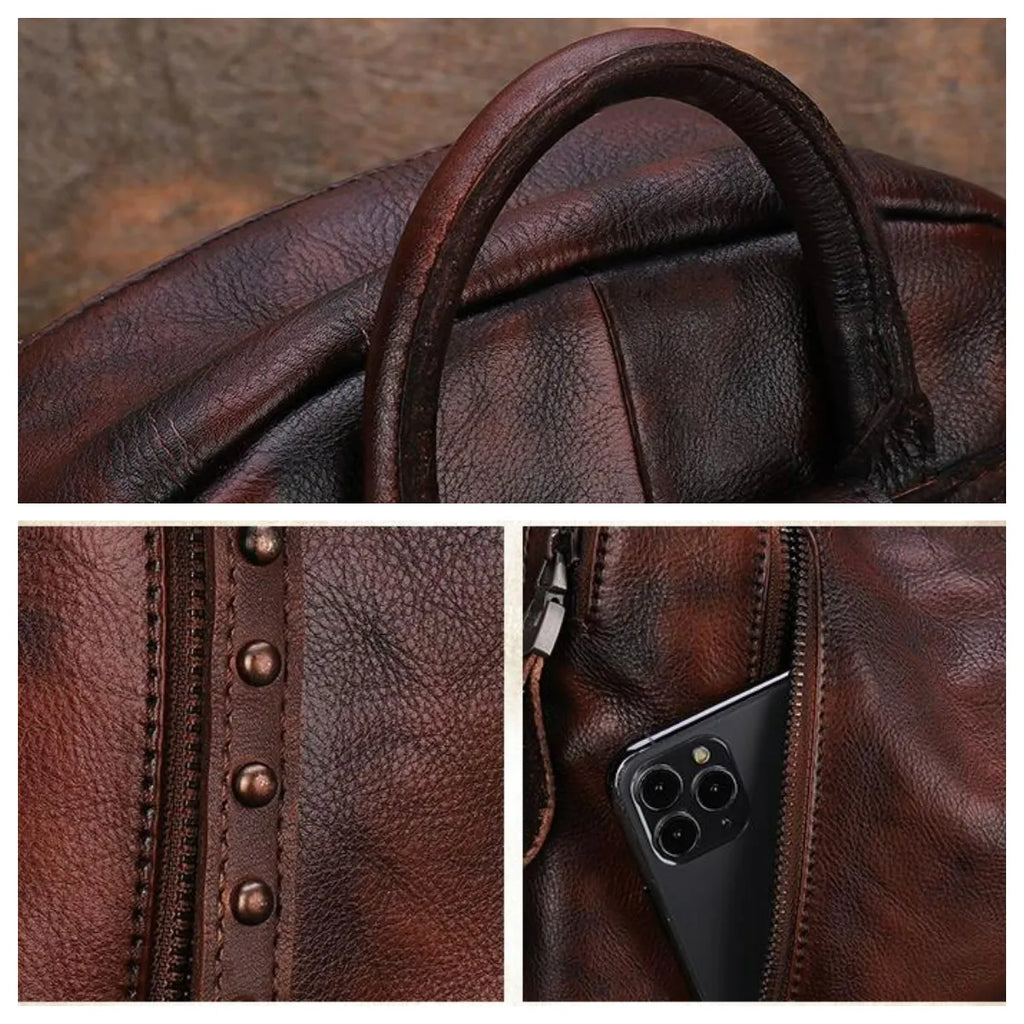 Distressed Coffee Studded Full Grain Leather Backpack