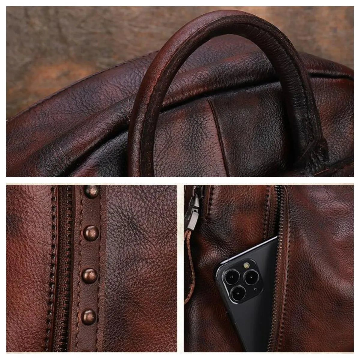 Distressed Coffee Studded Full Grain Leather Backpack