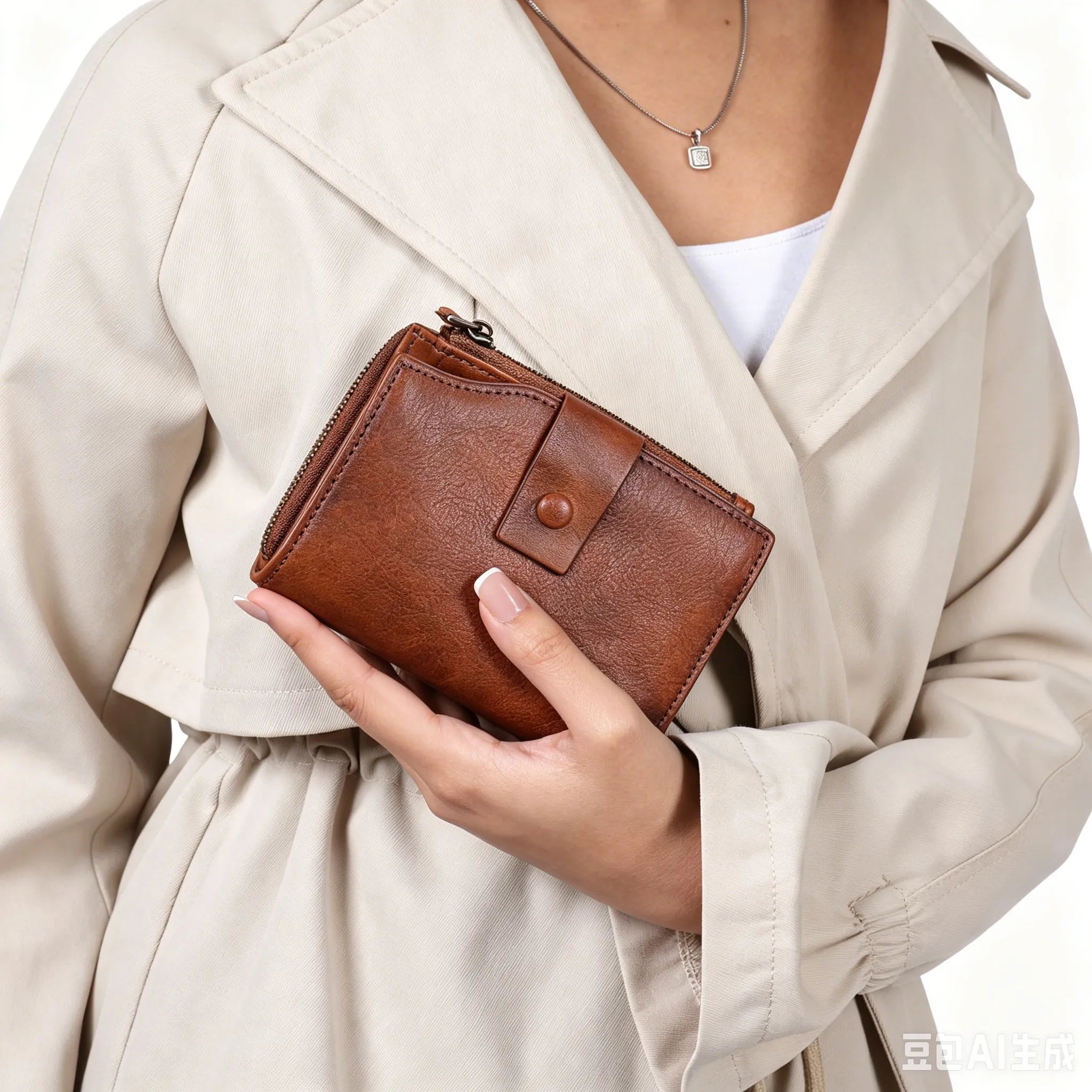 Person holding a brown leather wallet against a neutral background