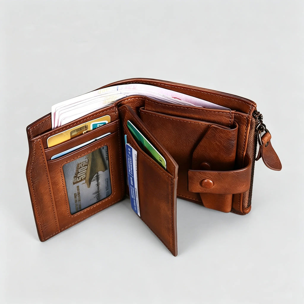 Brown leather wallet with card slots on a light gray background