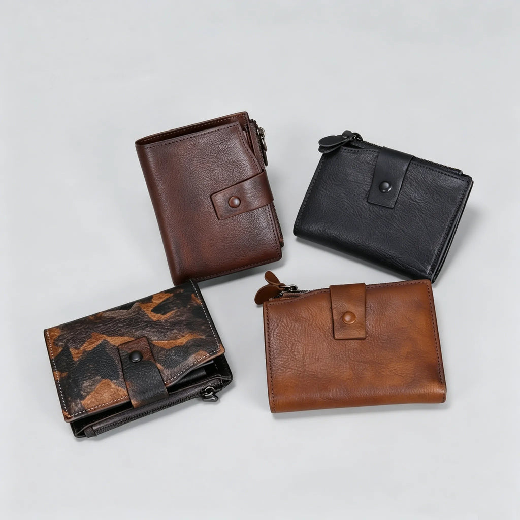 Four leather wallets in different colors on a light gray background