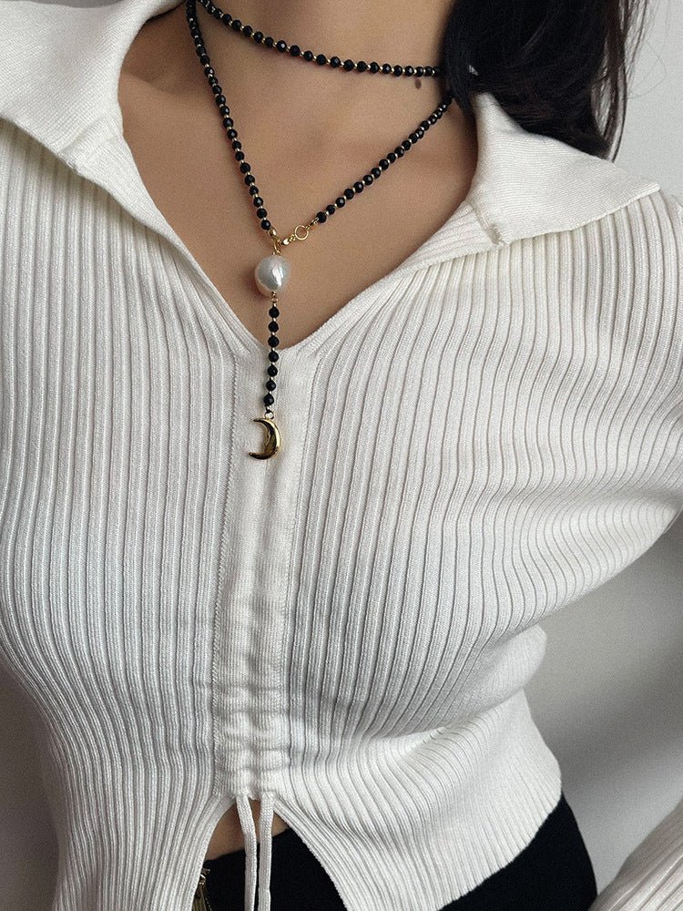 Elegant Long Mala-Style Black Beaded Necklace with Pearl & Moon Charm