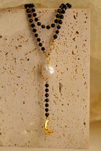 Load image into Gallery viewer, Elegant Long Mala-Style Black Beaded Necklace with Pearl &amp; Moon Charm
