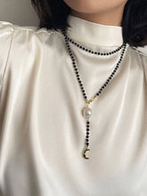Load image into Gallery viewer, Elegant Long Mala-Style Black Beaded Necklace with Pearl &amp; Moon Charm

