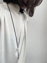 Load image into Gallery viewer, Elegant Long Mala-Style Black Beaded Necklace with Pearl &amp; Moon Charm
