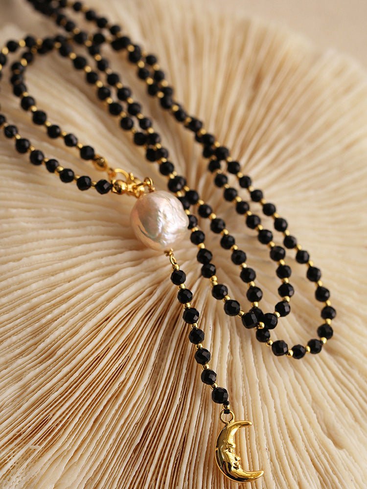 Elegant Long Mala-Style Black Beaded Necklace with Pearl & Moon Charm