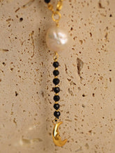 Load image into Gallery viewer, Elegant Long Mala-Style Black Beaded Necklace with Pearl &amp; Moon Charm
