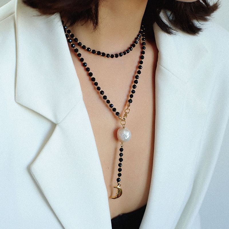 Elegant Long Mala-Style Black Beaded Necklace with Pearl & Moon Charm