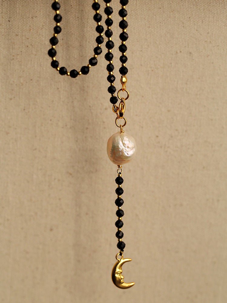 Elegant Long Mala-Style Black Beaded Necklace with Pearl & Moon Charm