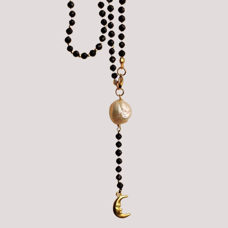 Elegant Long Mala-Style Black Beaded Necklace with Pearl & Moon Charm
