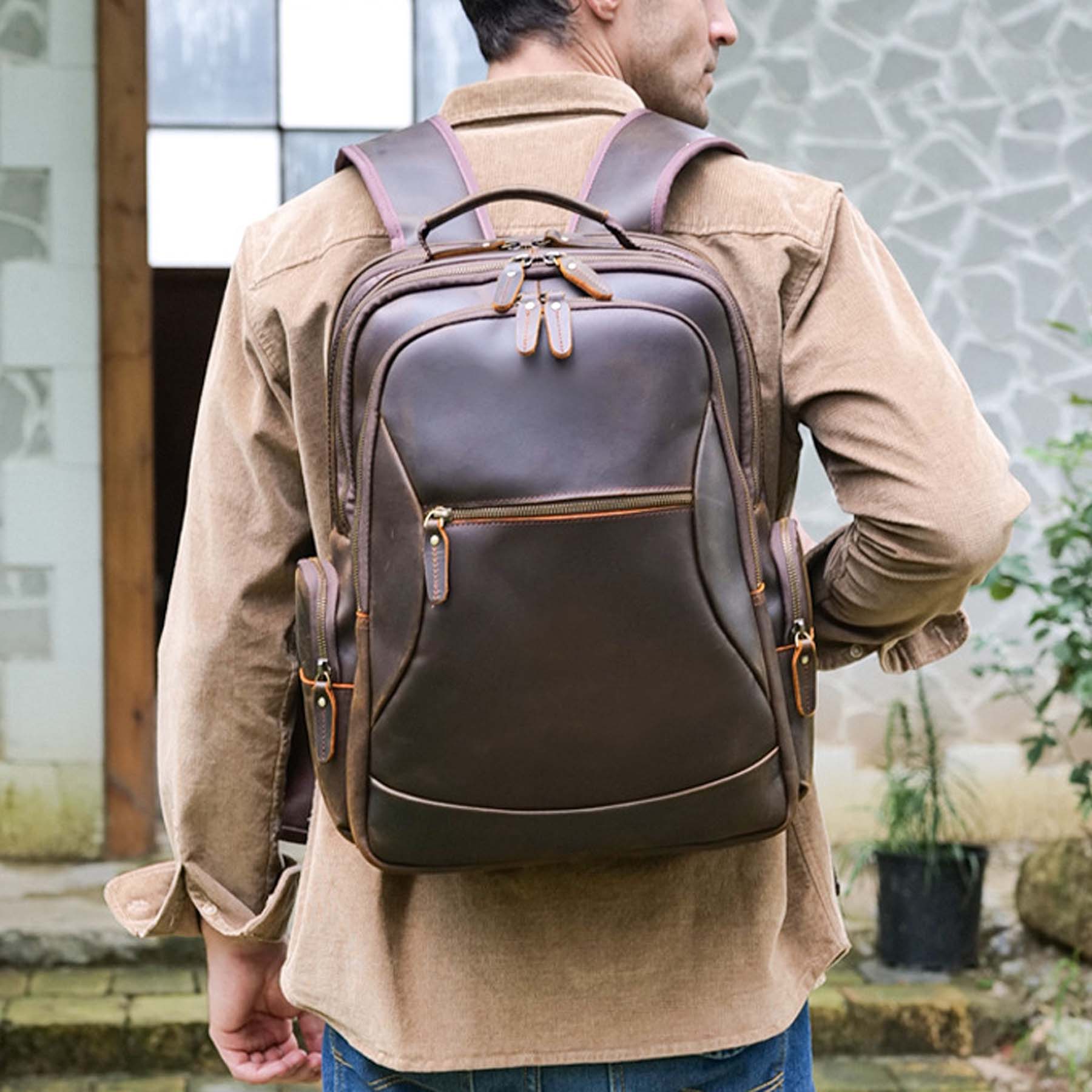 17 genuine leather laptop backpack 17-inch Brown Mens Large Vintage Backpack Leather Bookbag Travel Rucksack For Work, Hiking, Business, & Daily Use Shoulder Bag : Electronics This vintage leather backpack is made of full grain leather Leather Briefcases Briefcase Backpack Mens