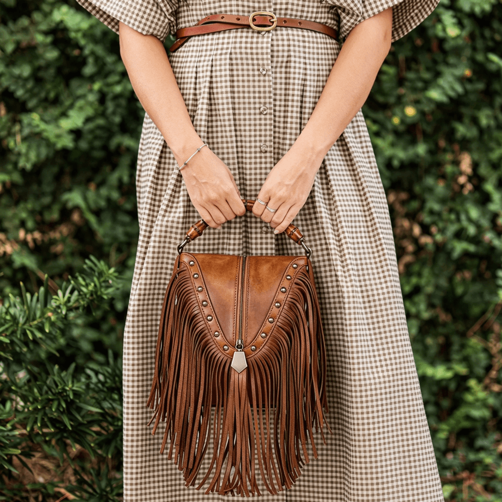 Person holding a brown leather handbag with fringe in front of a green foliage background