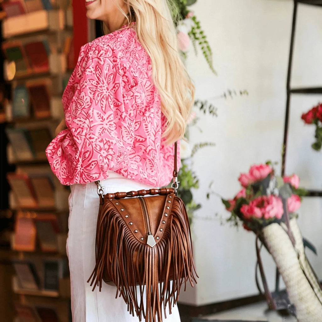 Full Grain Leather Fringe Handbag with Bamboo Handle