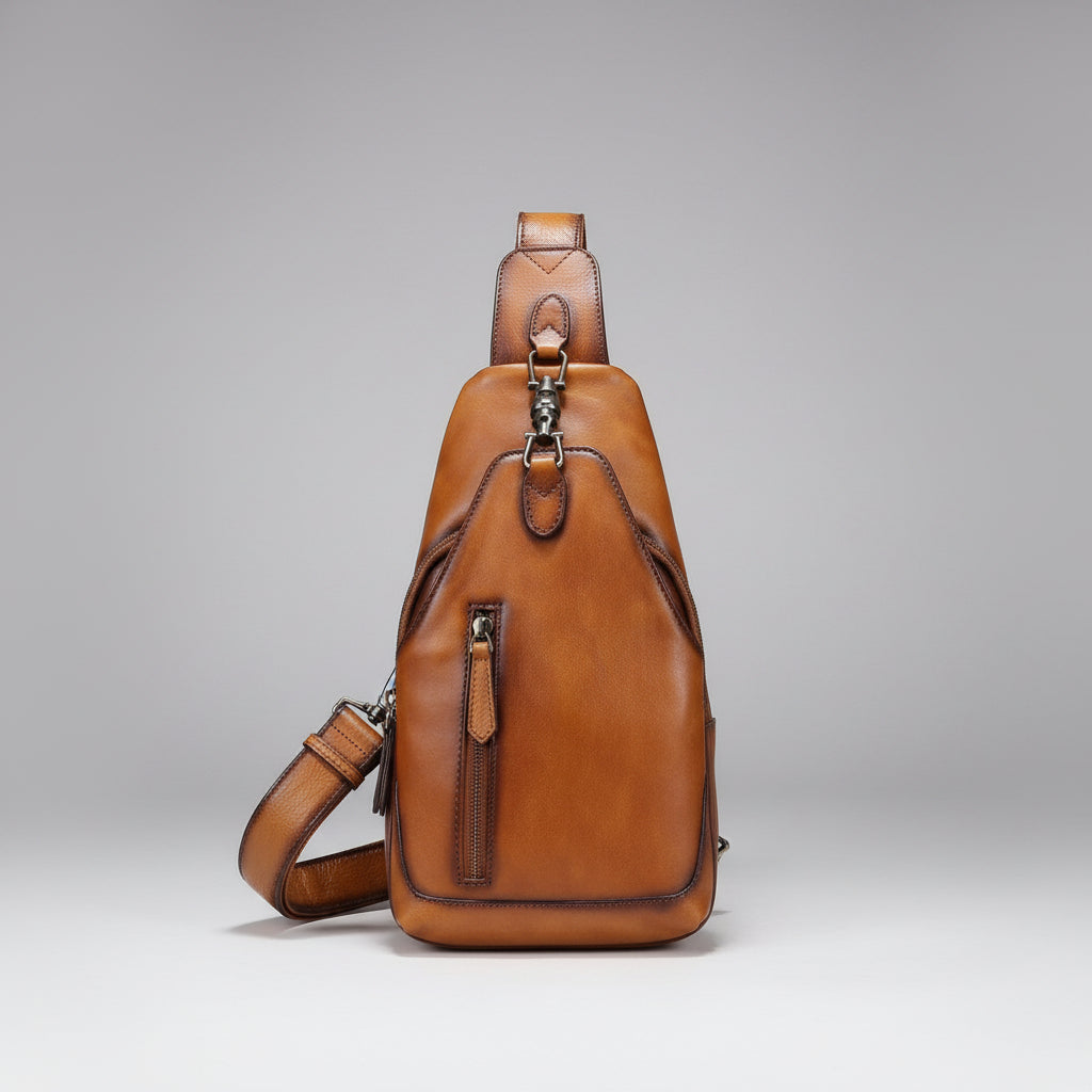 Brown leather sling bag on a gray background