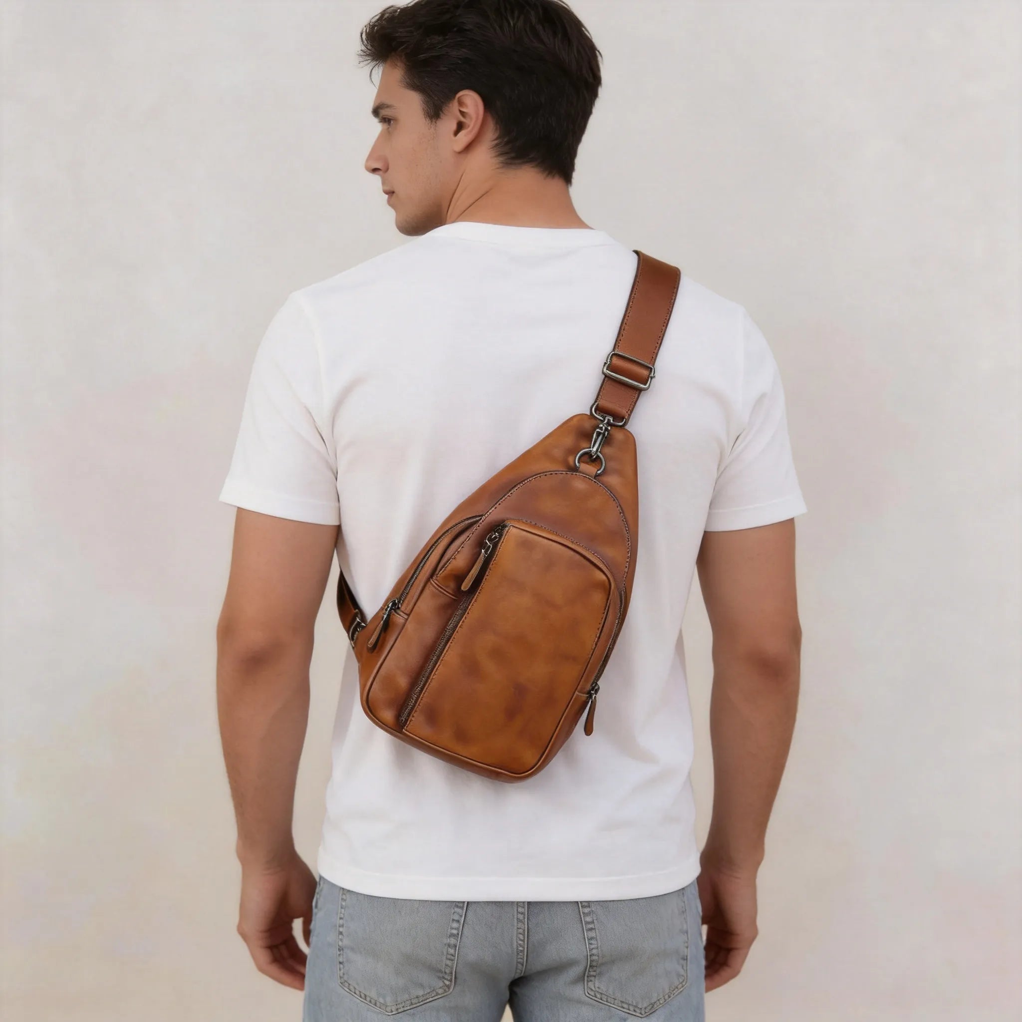 Full Grain Leather Sling Bag Zipper Chest Shoulder Purse