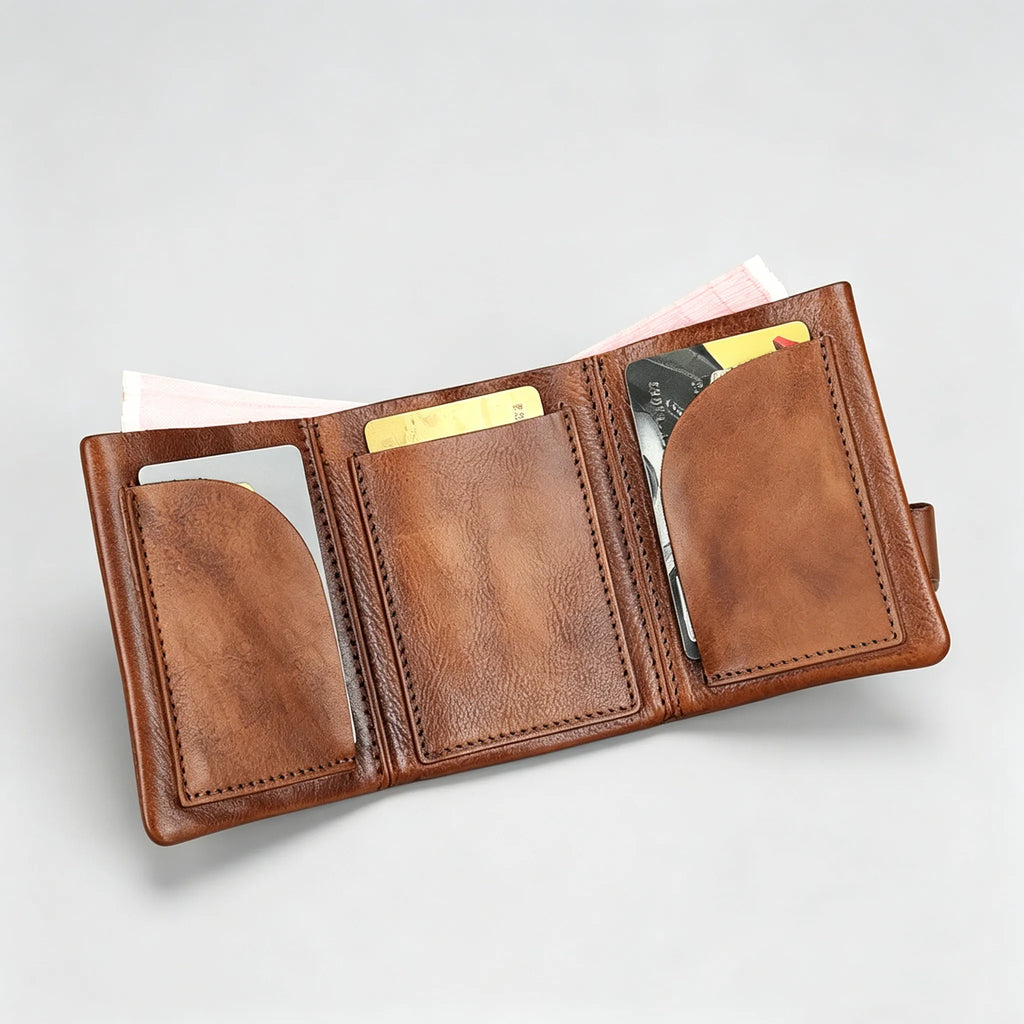 Brown leather wallet with card slots on a light gray background