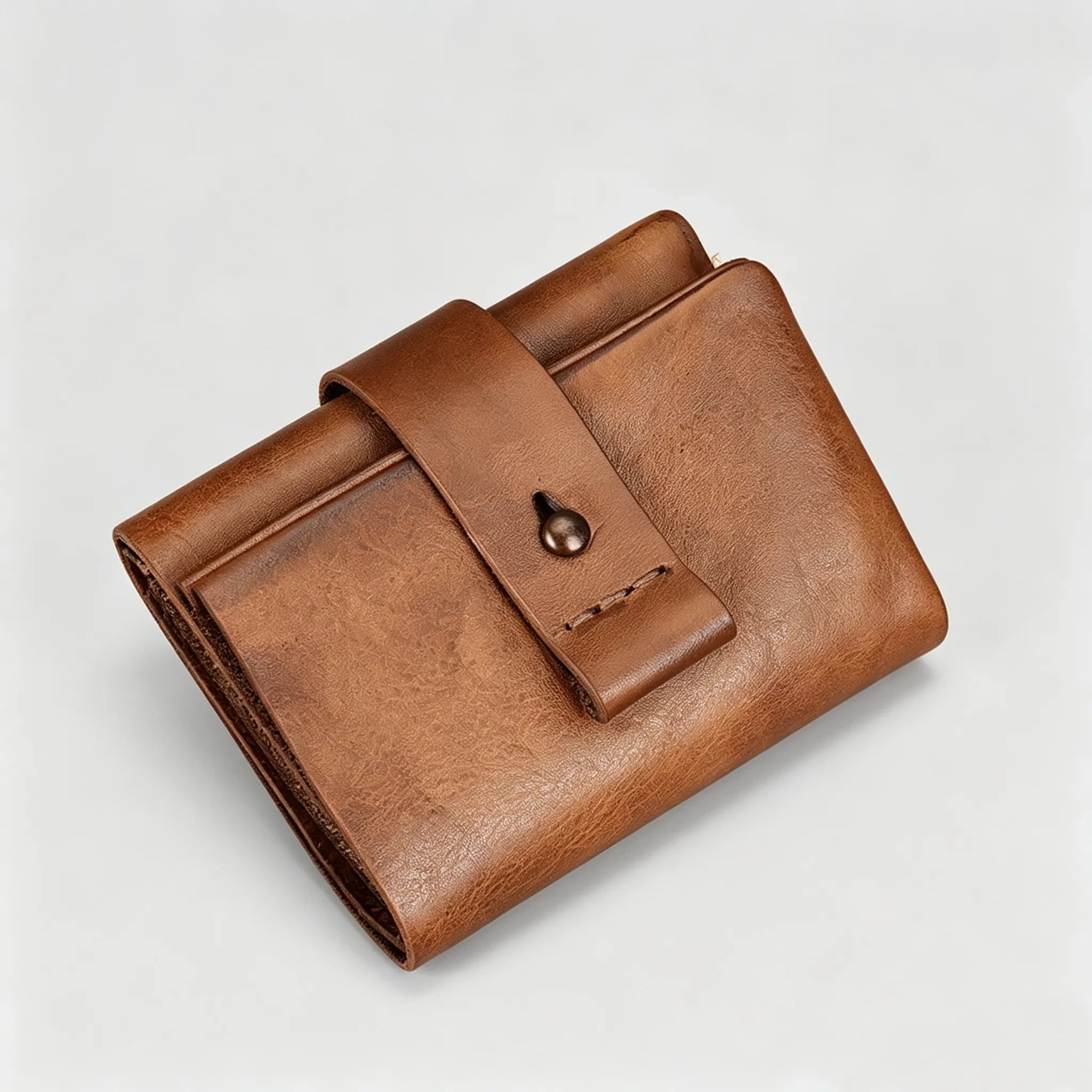 Full Grain Leather Snap Button Mini Trifold Wallet