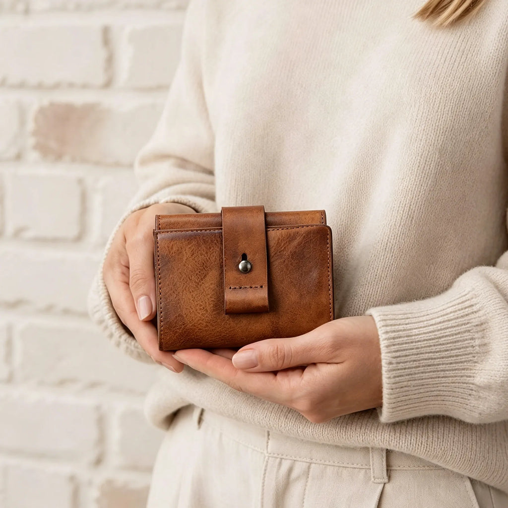 Person holding a brown leather wallet against a light brick wall.