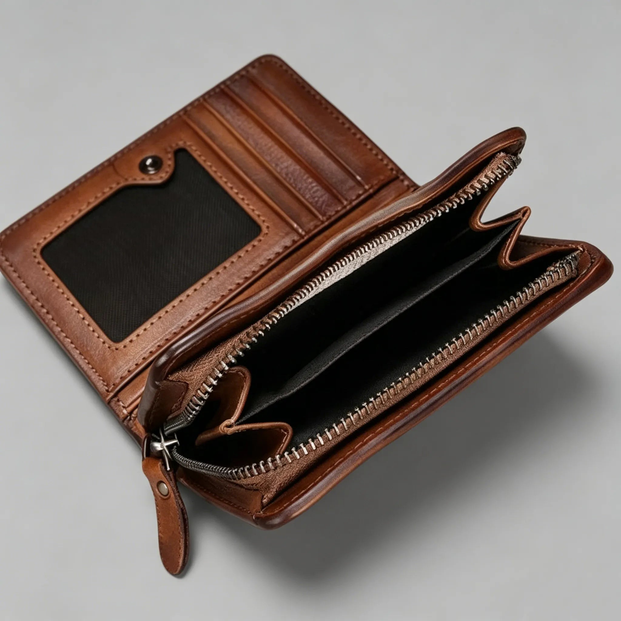 Brown leather wallet with open design on a gray background