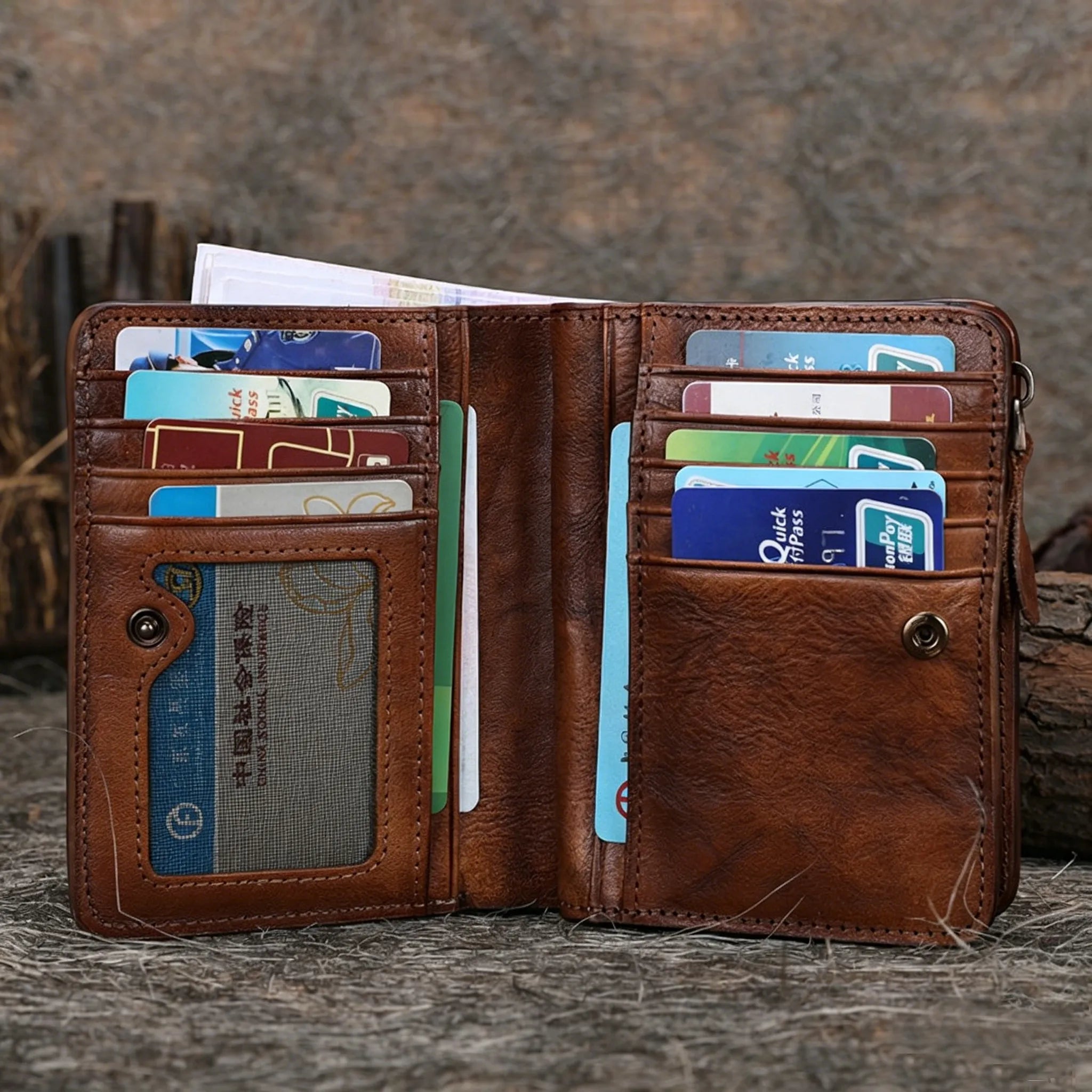 Brown leather wallet with multiple cards and a cardholder on a wooden surface.