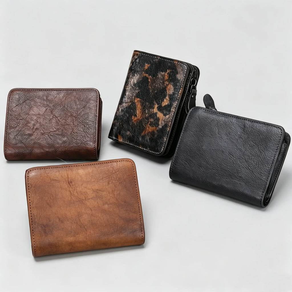 Four leather wallets in different colors on a light gray background