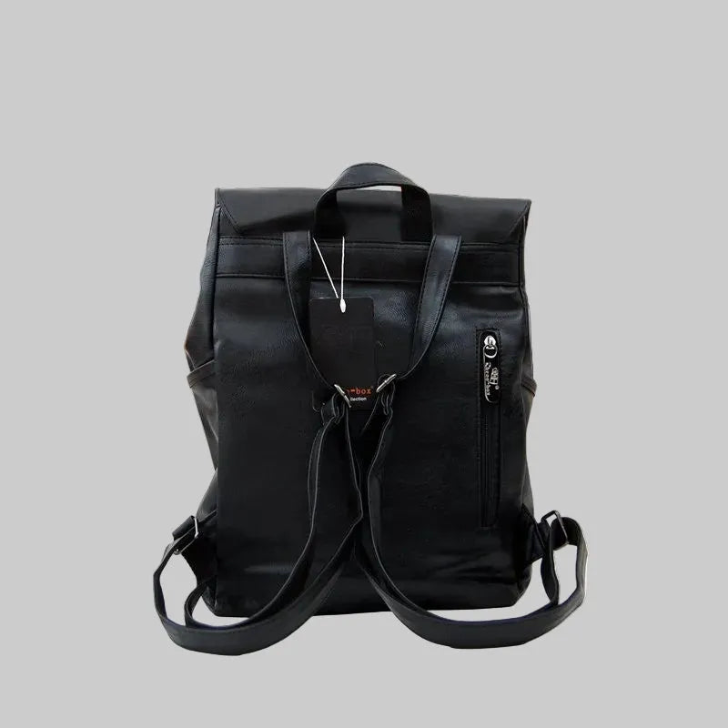 Black leather backpack on a gray background