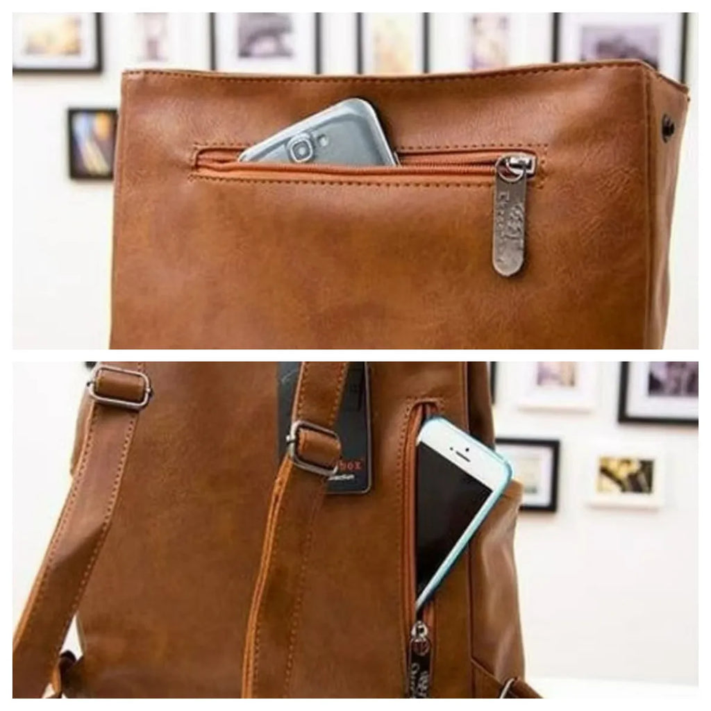 Brown leather bag with a phone in a front pocket, against a blurred indoor background.