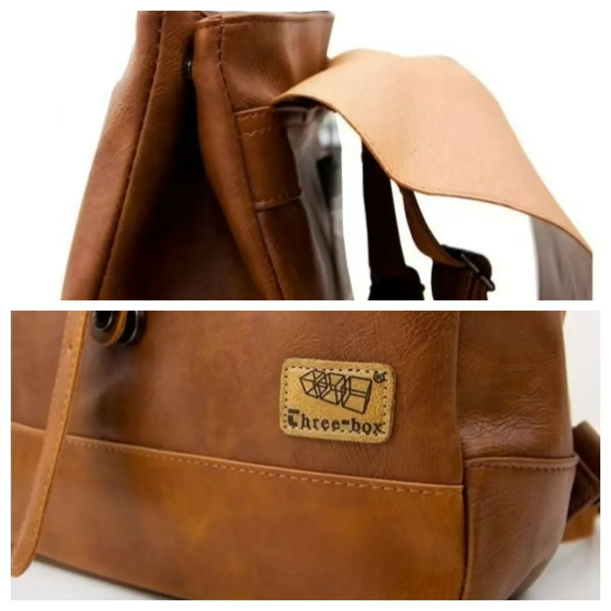 Brown leather bag with visible brand label on a white background