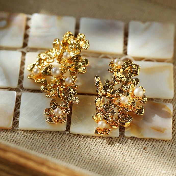 Golden Floral Statement Stud Earrings 