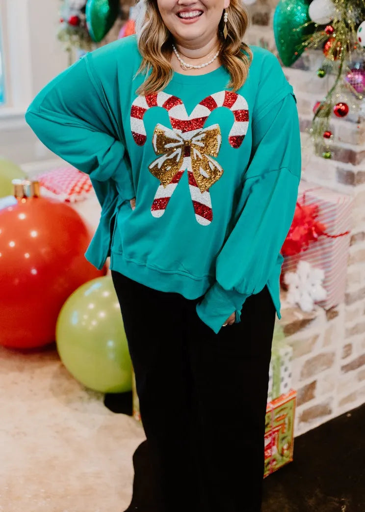 Christmas Candy Cane Sequined Casual Loose Sweatshirt