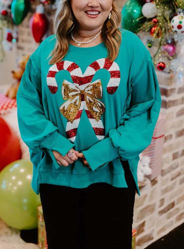 Christmas Candy Cane Sequined Casual Loose Sweatshirt