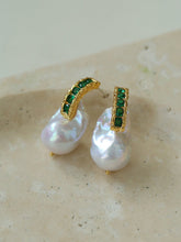 Load image into Gallery viewer, Green Cubic Zirconia Baroque Pearl Earrings
