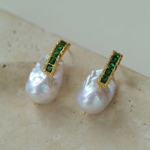 Load image into Gallery viewer, Green Cubic Zirconia Baroque Pearl Earrings
