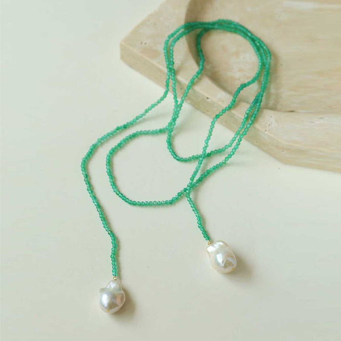 Green Extra-Long Green Agates Double Baroque Pearl Necklace