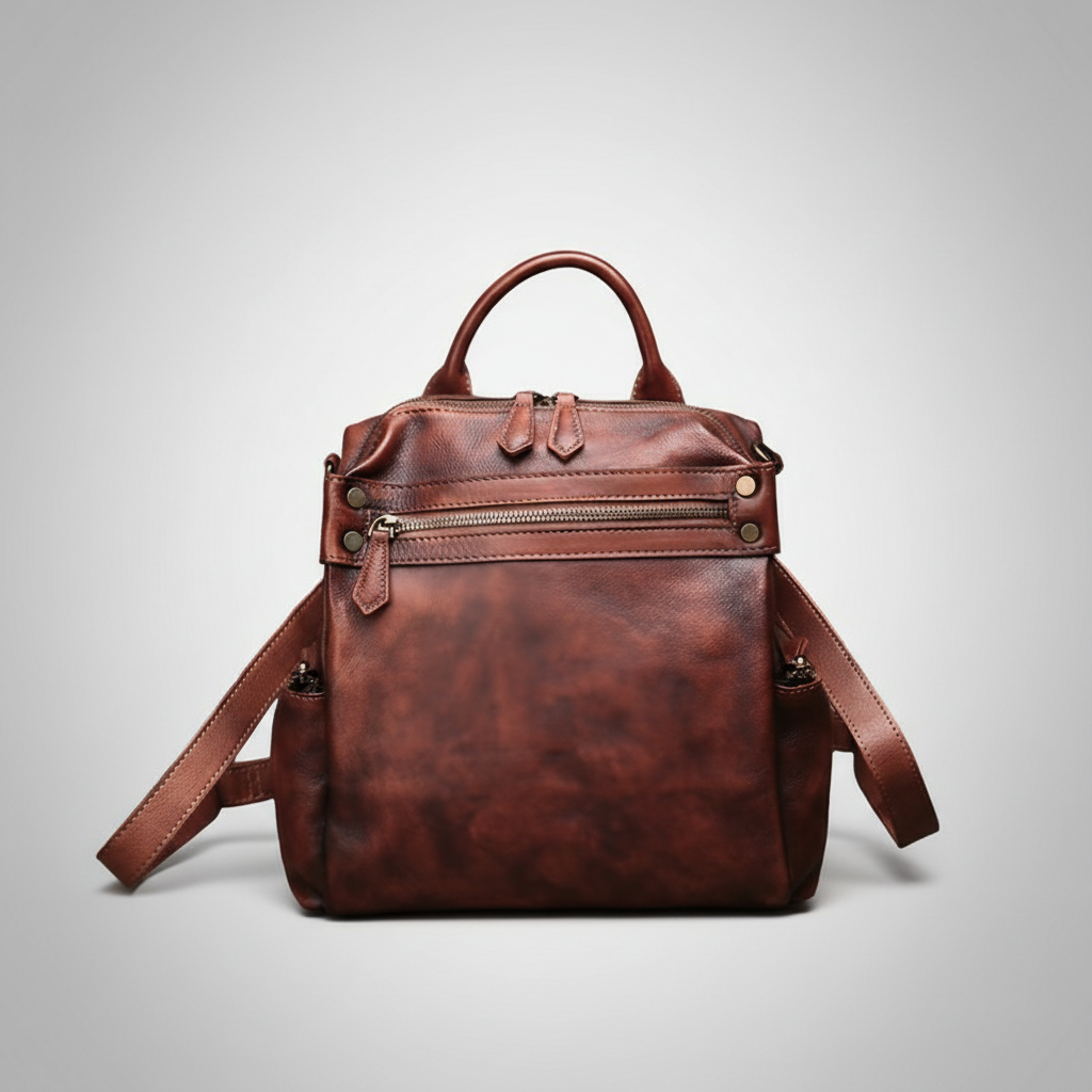 Brown leather backpack on a light gray background