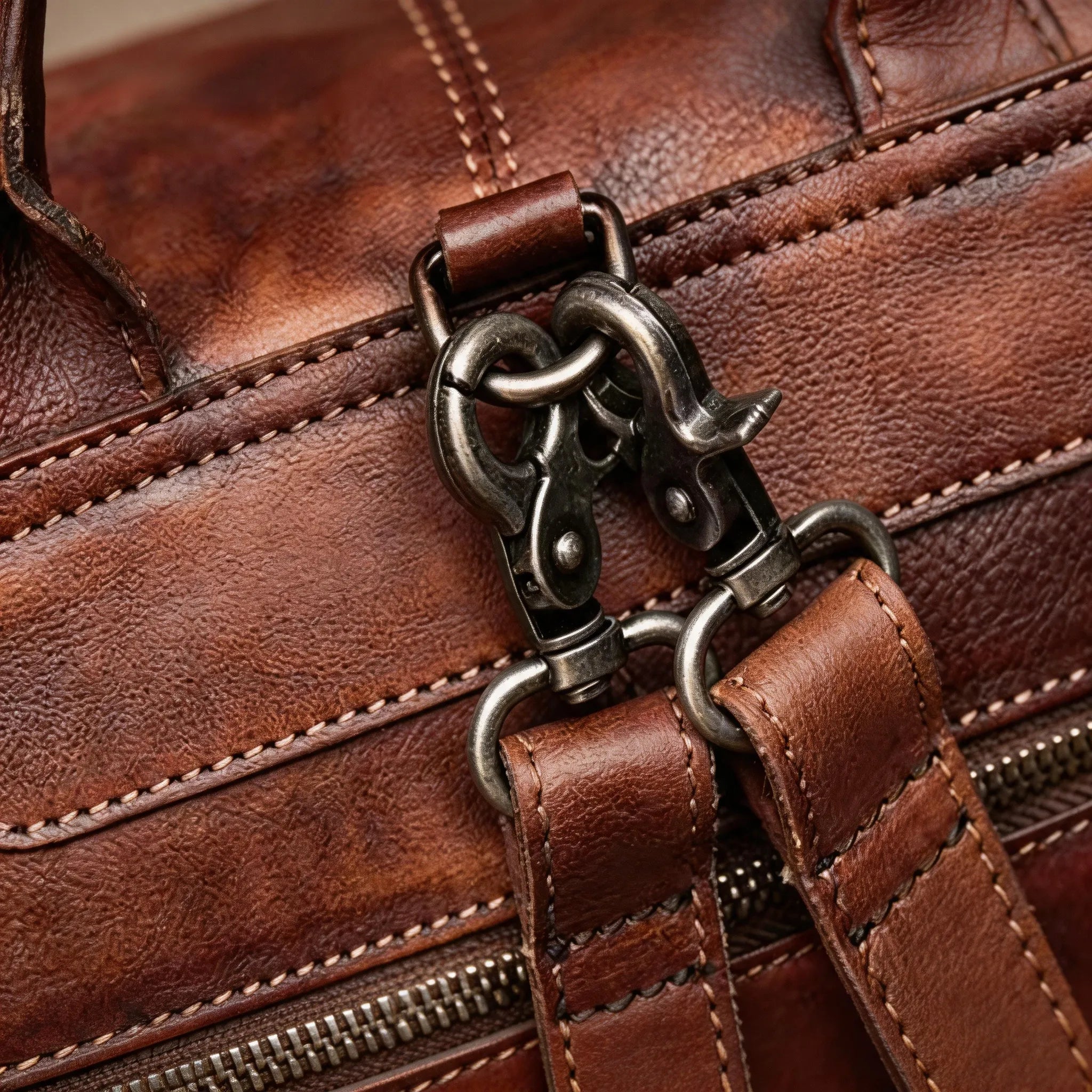 Close-up of a brown leather bag with metal hardware