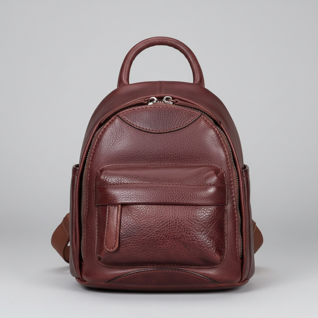 Brown leather backpack on a light gray background