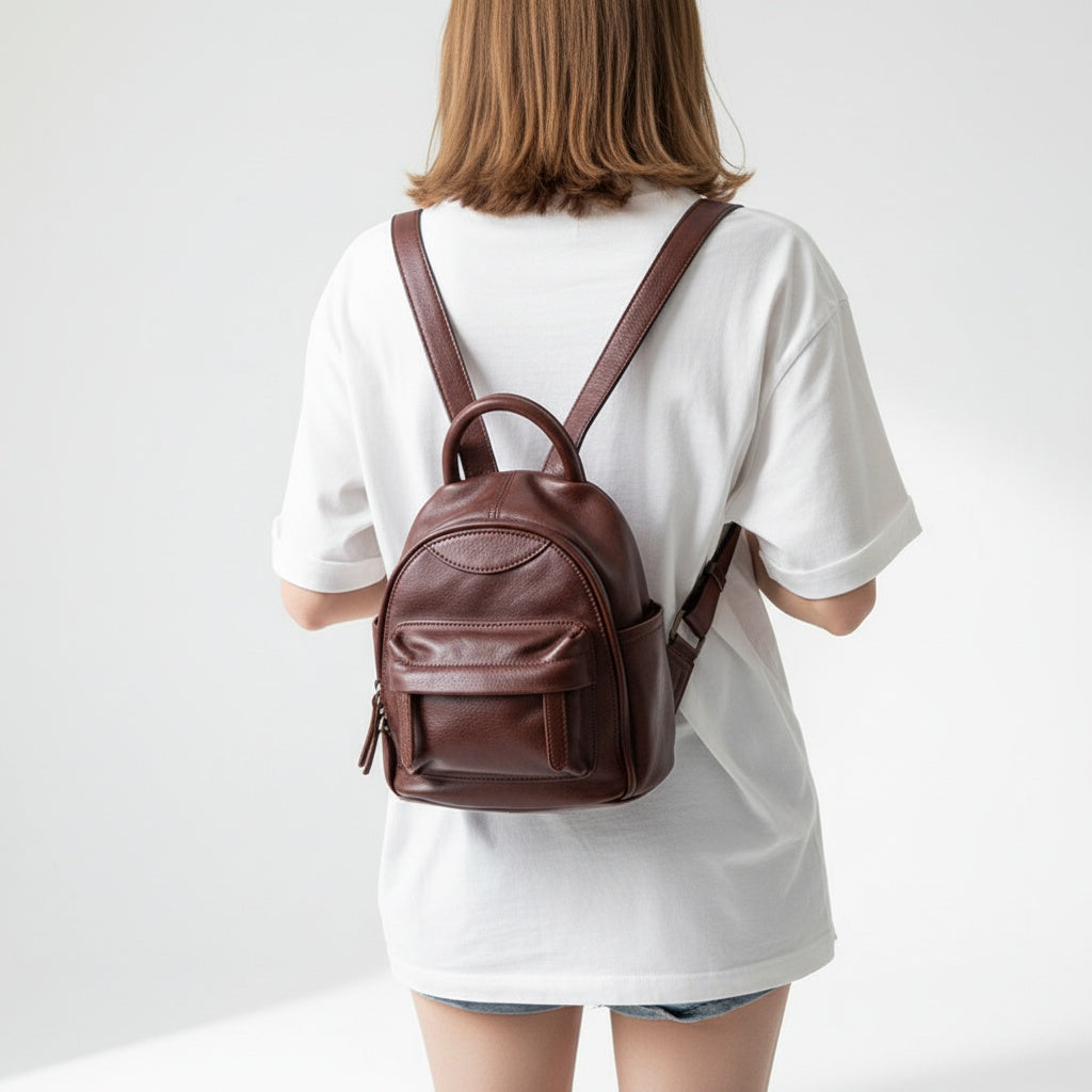 Person wearing a brown leather backpack on a plain background