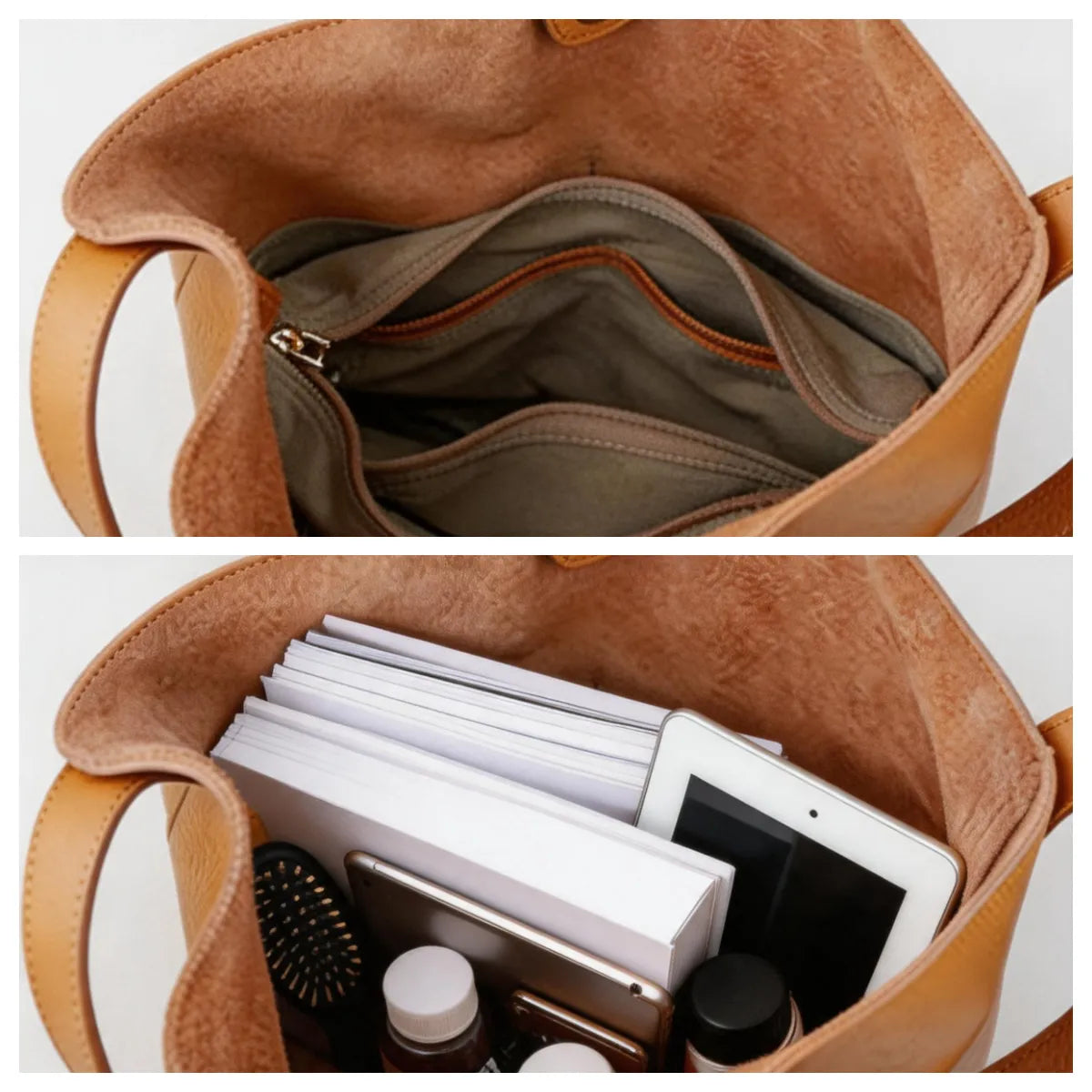 Brown leather bag with compartments and items inside on a white background