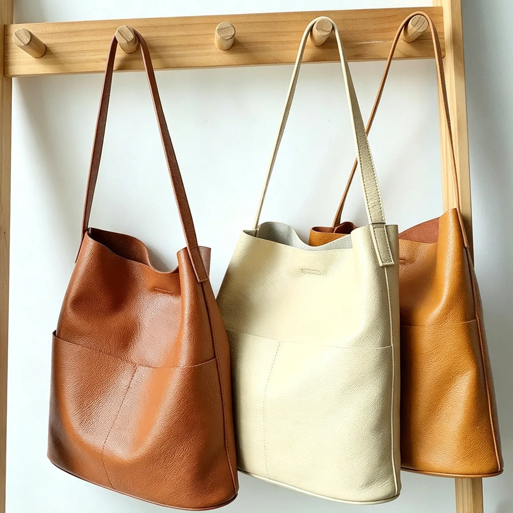 Three leather handbags hanging on a wooden rack against a white wall.