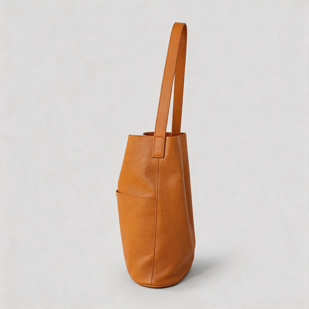 Brown leather tote bag on a light gray background