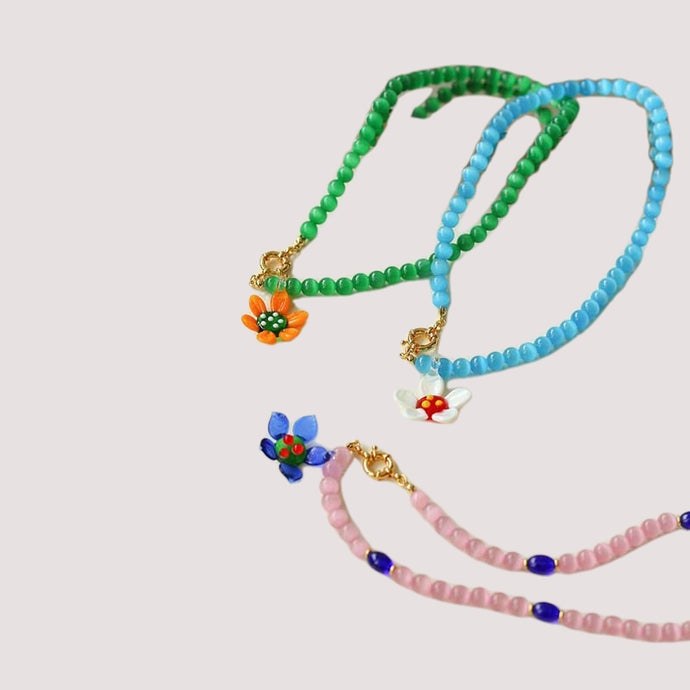 Handmade Cat Eye Sunflower Beaded Necklace